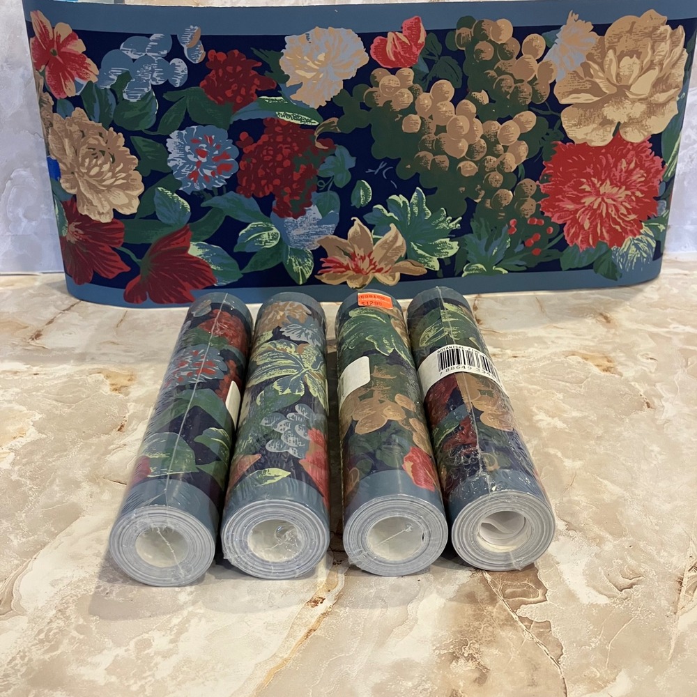 Vintage Botanical Floral Wallpaper Border Blue Red Gold 5 Yards Each 5 Rolls